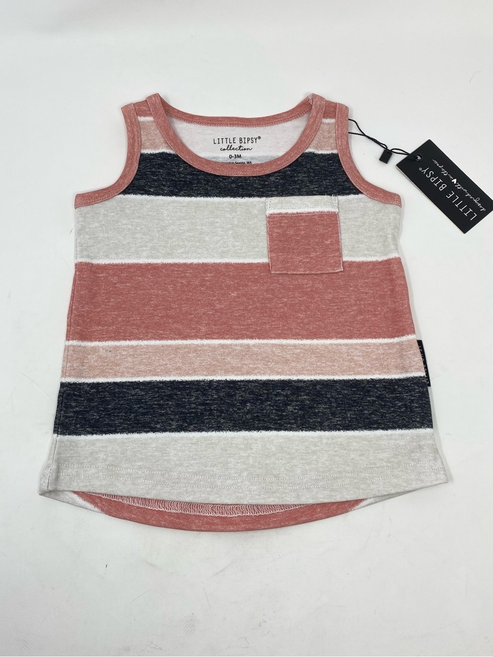 Little Bipsy Washed Stripe Pocket Tank Top Pink Heather Gray Unisex New